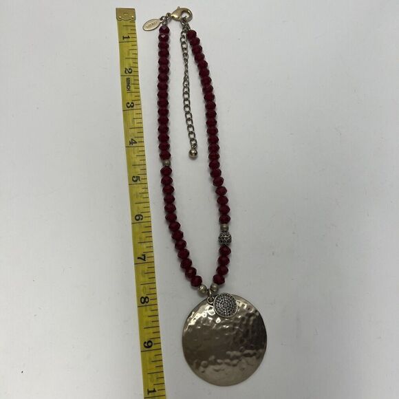 Chico's Necklace Red Beaded Pendant Chunky Adjustable Rhinestone Brass Antiqued - Picture 5 of 5